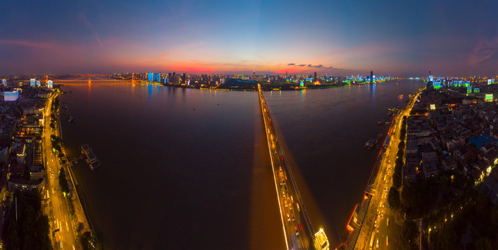 武汉夏日城市航拍傍晚和夜景风光