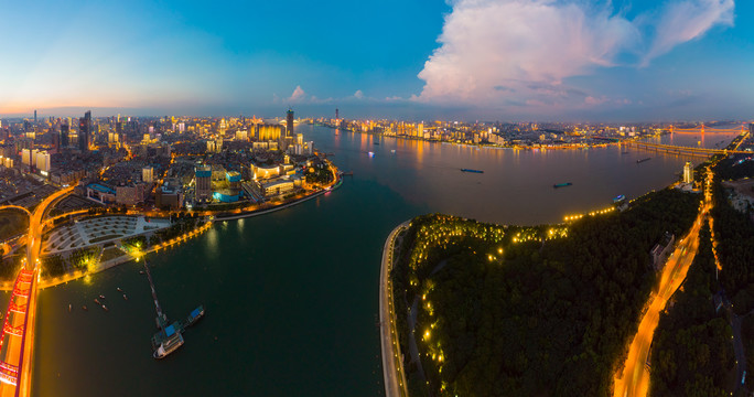 武汉夏日城市航拍傍晚和夜景风光