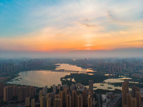 武汉夏日城市航拍傍晚和夜景风光