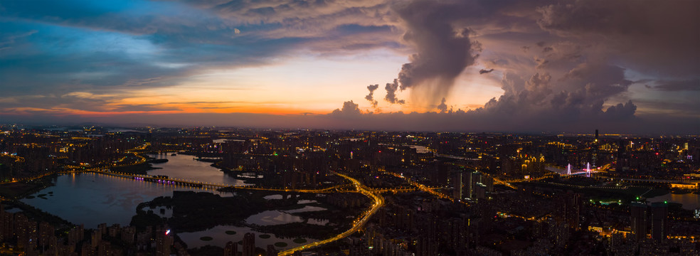 武汉夏日城市航拍傍晚和夜景风光