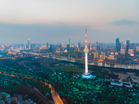 武汉夏日城市航拍傍晚和夜景风光