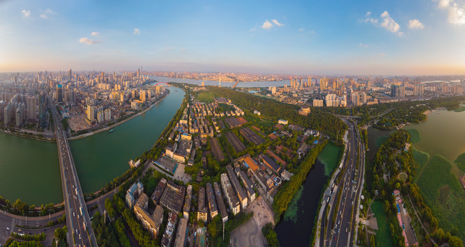 武汉夏日城市航拍傍晚和夜景风光