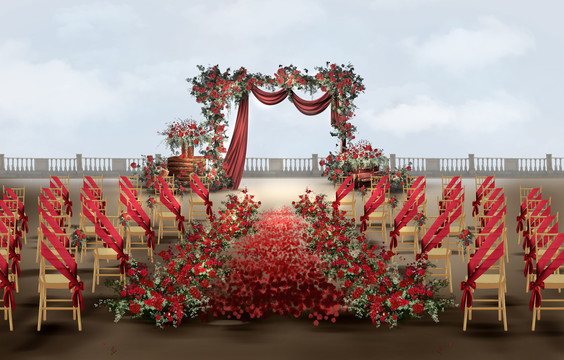 红色美式复古户外婚礼效果图