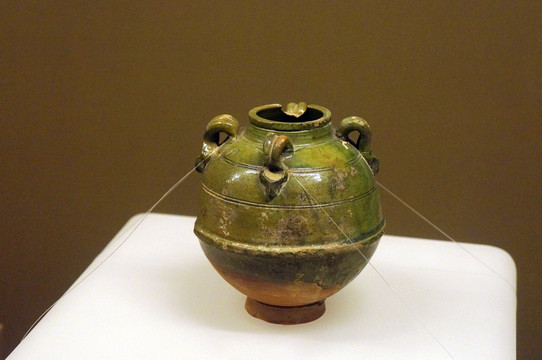 陕西西安文物绿釉四系瓷罐