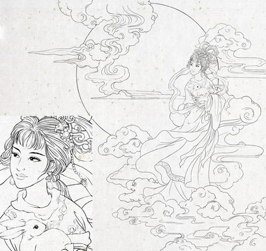 嫦娥抱兔白描
