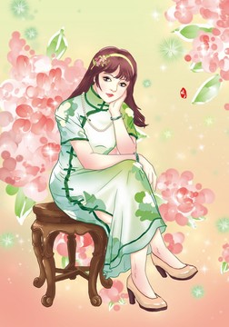 手绘绣球花和绿旗袍美女养颜插画