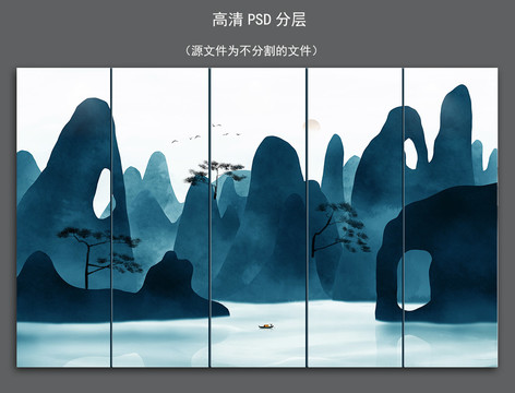 现代新中式简约山水背景墙壁画