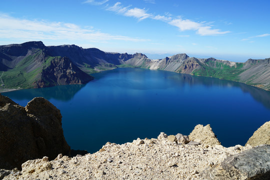 长白山天池的蓝色湖面风景