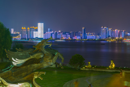 武汉夏日城市天际线夜景风光