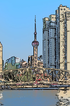 上海风光手绘画