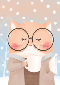 喝咖啡的小狐狸卡通插图