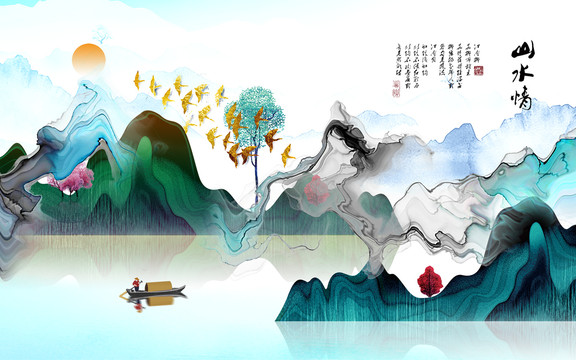 新中式山水情小溪油画背景装饰画