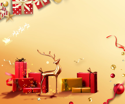 金色节日欢庆礼物圣诞新年背景板