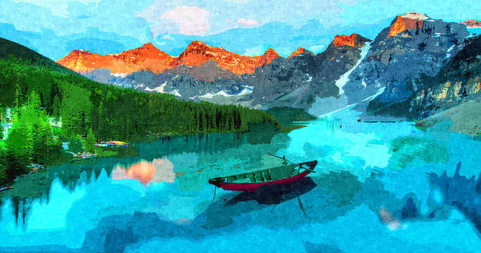 湖畔风景油画