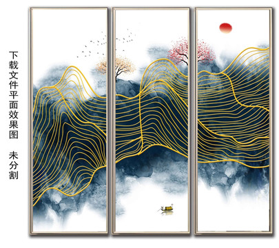 中式水墨山水金线抽象意境装饰画