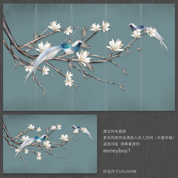 新中式手绘工笔花鸟背景墙