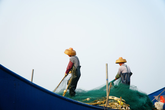 蓝袍湾渔民拖网捕鱼
