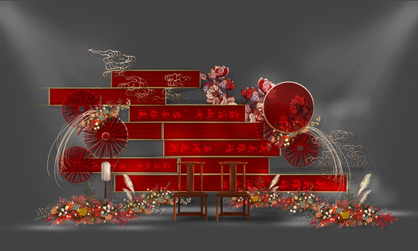 红金色新中式手绘婚礼背景