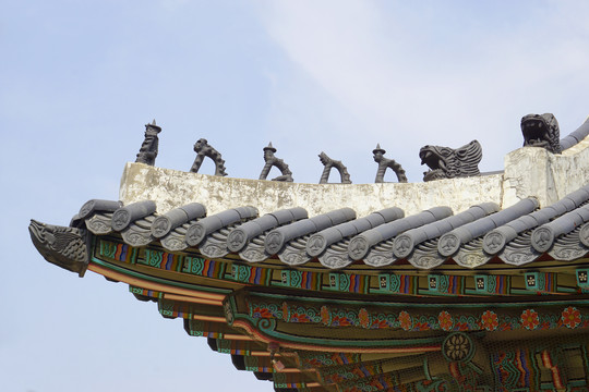 韩国景福宫瓦顶构件脊兽特写