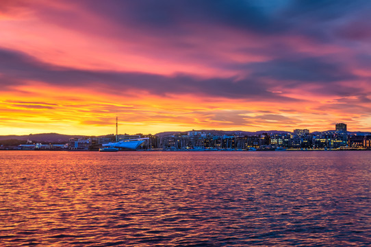 挪威奥斯陆峡湾日落风光