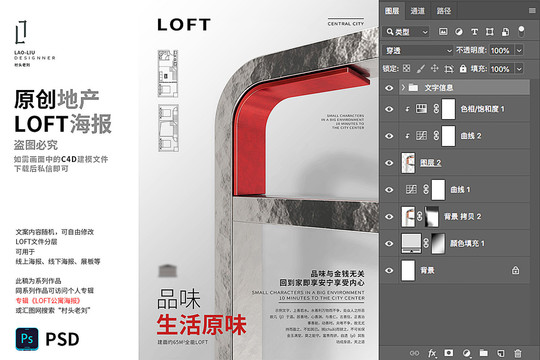 地产loft公寓红金字母F海报