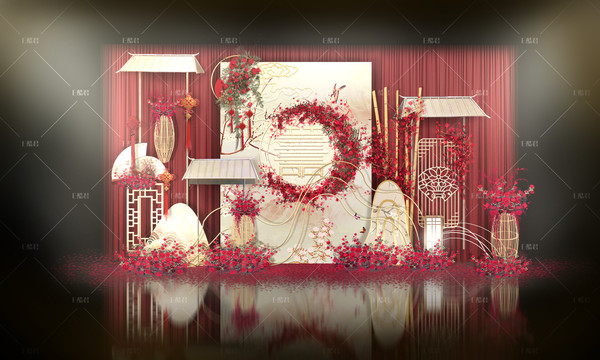 红色新中式婚礼迎宾区