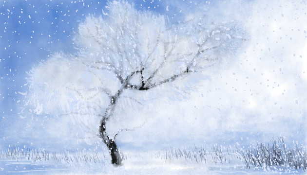 手绘冬天雪景插画
