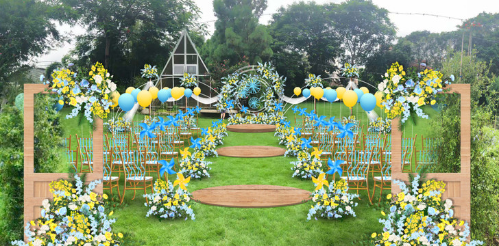 蓝黄色婚礼仪式区