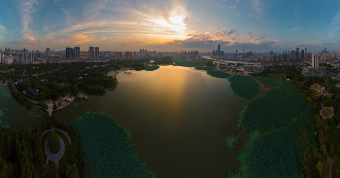 武汉夏日城市航拍傍晚风光