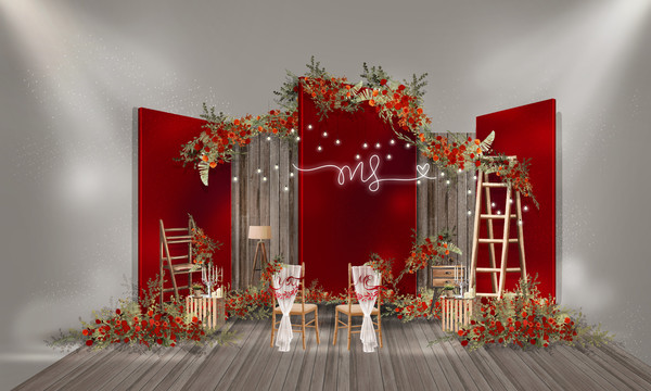 红色户外手绘婚礼背景