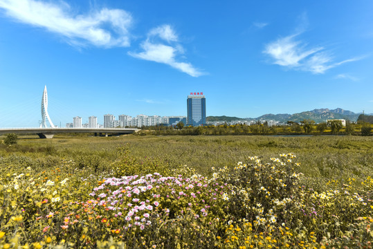 秋天色彩斑斓的城市风光