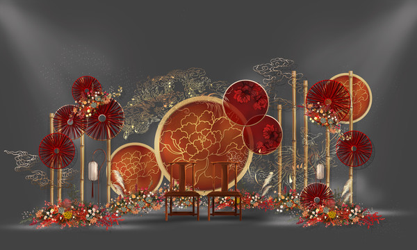 红金色新中式手绘婚礼背景