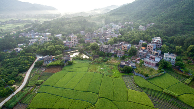 航拍乡村早晨