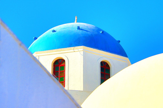 希腊圣托里尼伊亚小镇蓝顶教堂