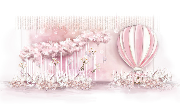 粉白色热气球主题婚礼效果图迎宾