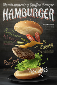 黑板背景牛肉起司汉堡广告
