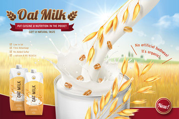 燕麦奶广告与金黄麦田背景