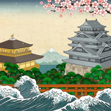 浮世绘风格日本知名景点与海浪