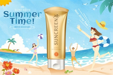 夏日防晒乳广告与海边戏水插图