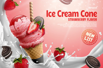 草莓甜筒冰淇淋广告与饼干配料