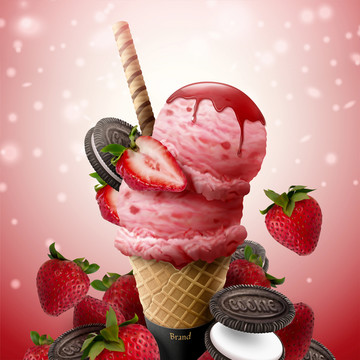 草莓甜筒冰淇淋与光晕背景
