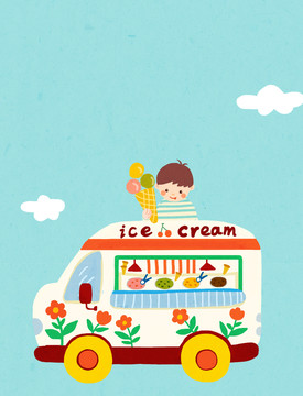 卡通手绘的冰淇淋车和可爱的小孩