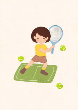 卡通手绘打网球的女孩