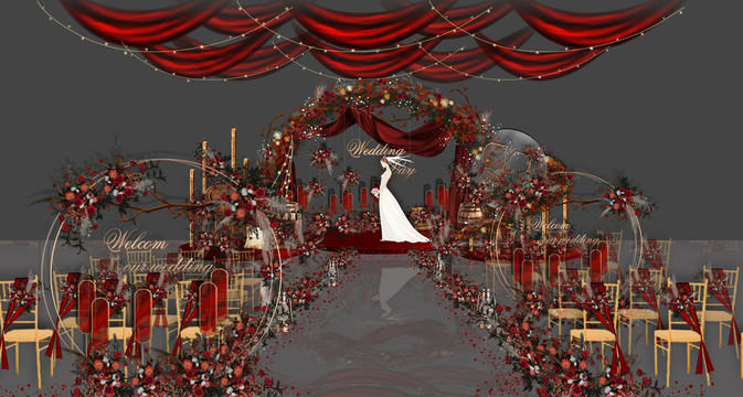 婚礼效果图红色复古美式户