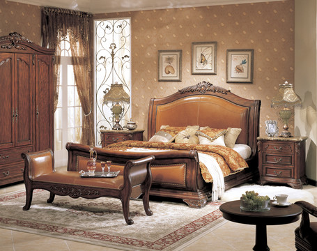 美式实木真皮大床衣柜床尾凳家具
