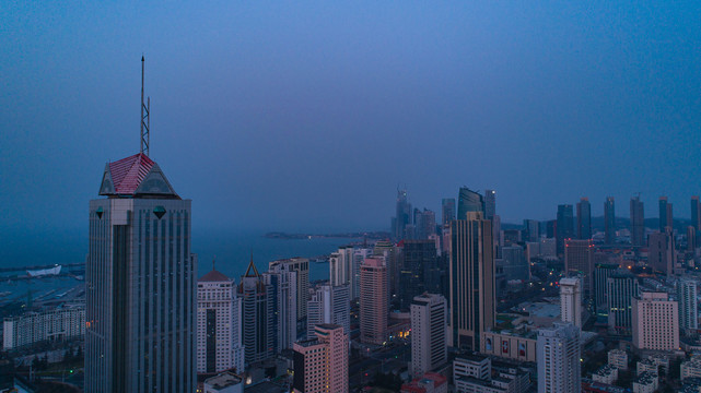 航拍凌晨城市高楼建筑