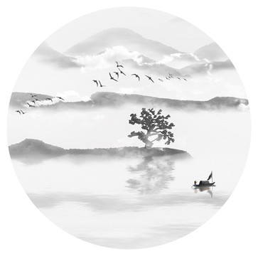 圆形中国风意境水墨山水风景画