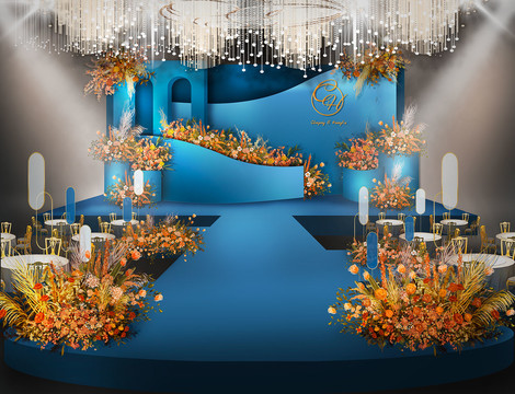 蓝色橙色撞色婚礼舞台效果图设计
