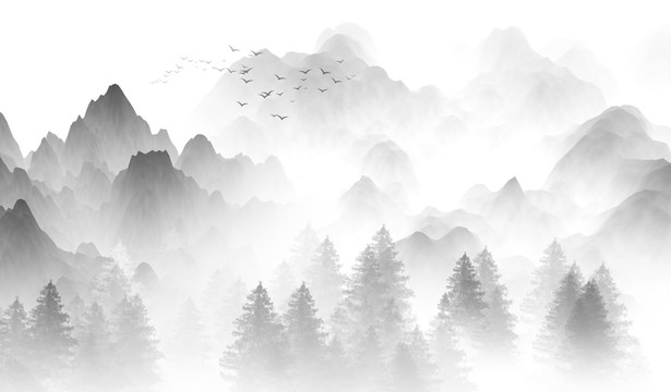 抽象水墨云雾远山装饰画