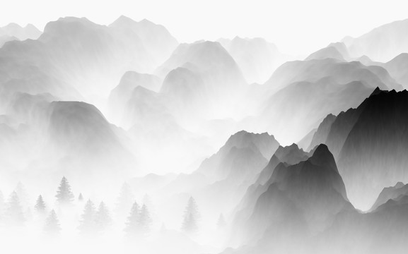 新中式客厅沙发意境水墨画水墨山